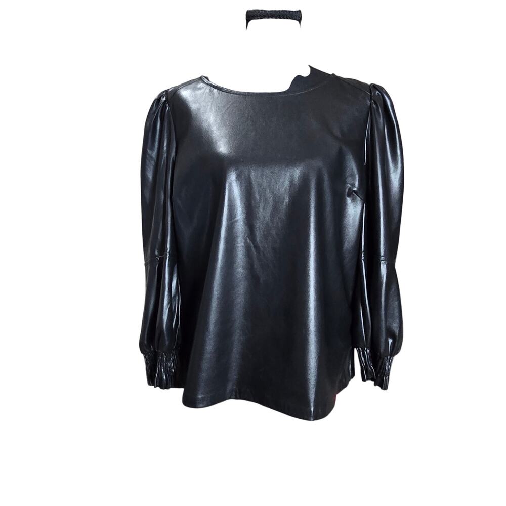 Another Love Black Puff Faux Leather Top Sz L